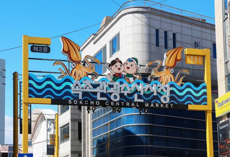 오징어 그림이 그려진 속초 중앙시장 입구 간판